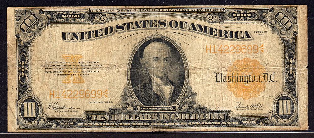 Fr.1173, 1922 $10 Gold Certificate, H14229699